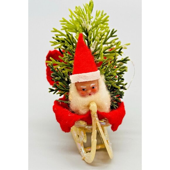 Vintage Christmas Ornament Plastic Face Santa in Sleigh Felt Bird Feeder Seeds - Picture 2 of 10